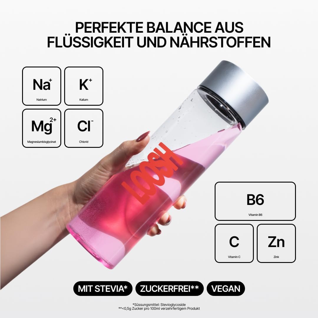 LOOSH Starter Set Hydration Deluxe | 2x30 Core Hydration Elektrolyte Sticks (Erdbeer Minze & Gurke Zitrone) + 900ml Tritan™ Trinkflasche | Elektrolyte ohne Zucker mit Kalium, Magnesium & Vitamin C