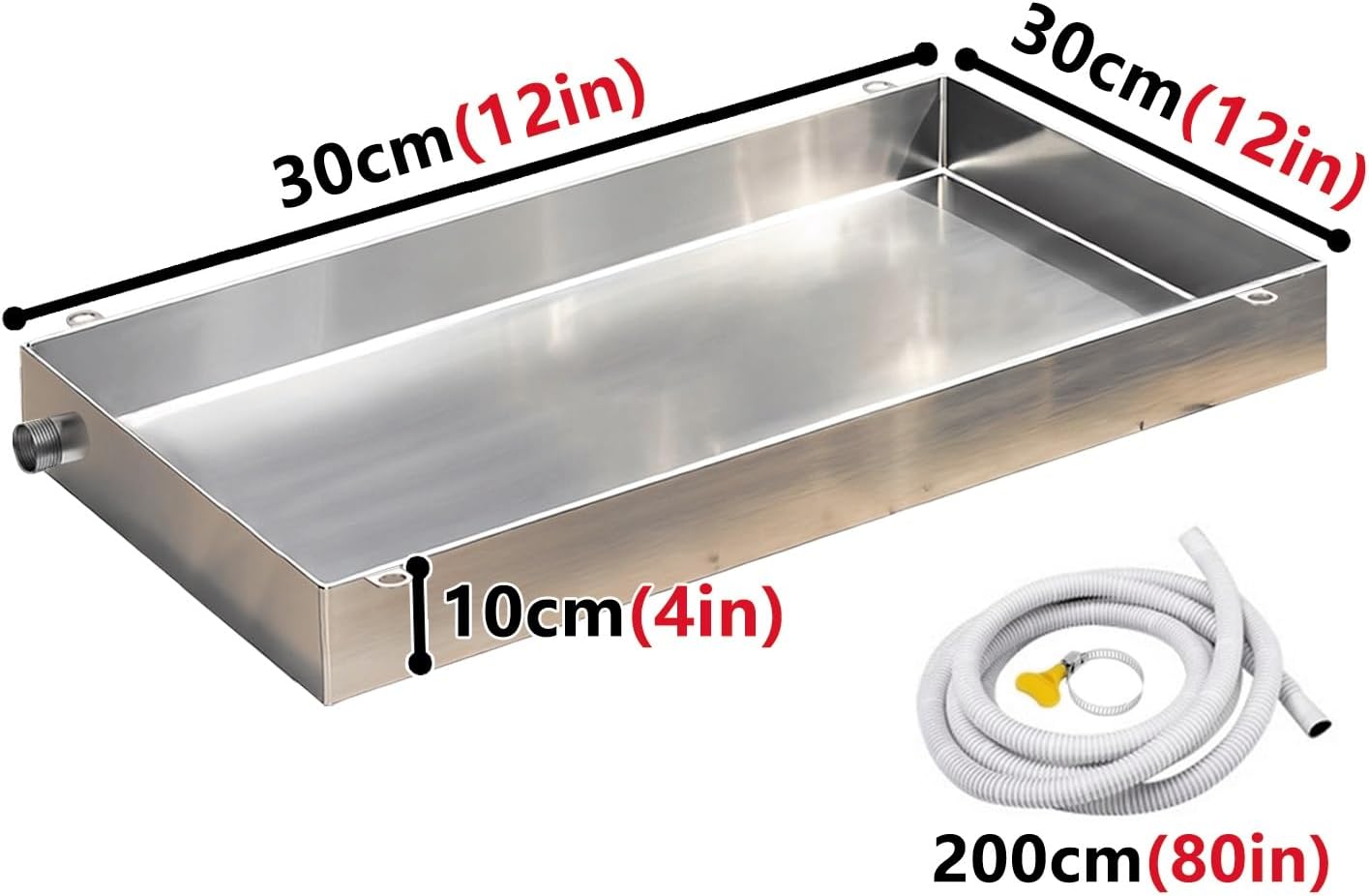 304 Stainless Steel Drain Pan for Air Conditioners, 4" Leakproof Tray with Flexible Hose, 30x30cm, Ideal for AC Units, Kitchens, and Plants, Durable Welded Lugs