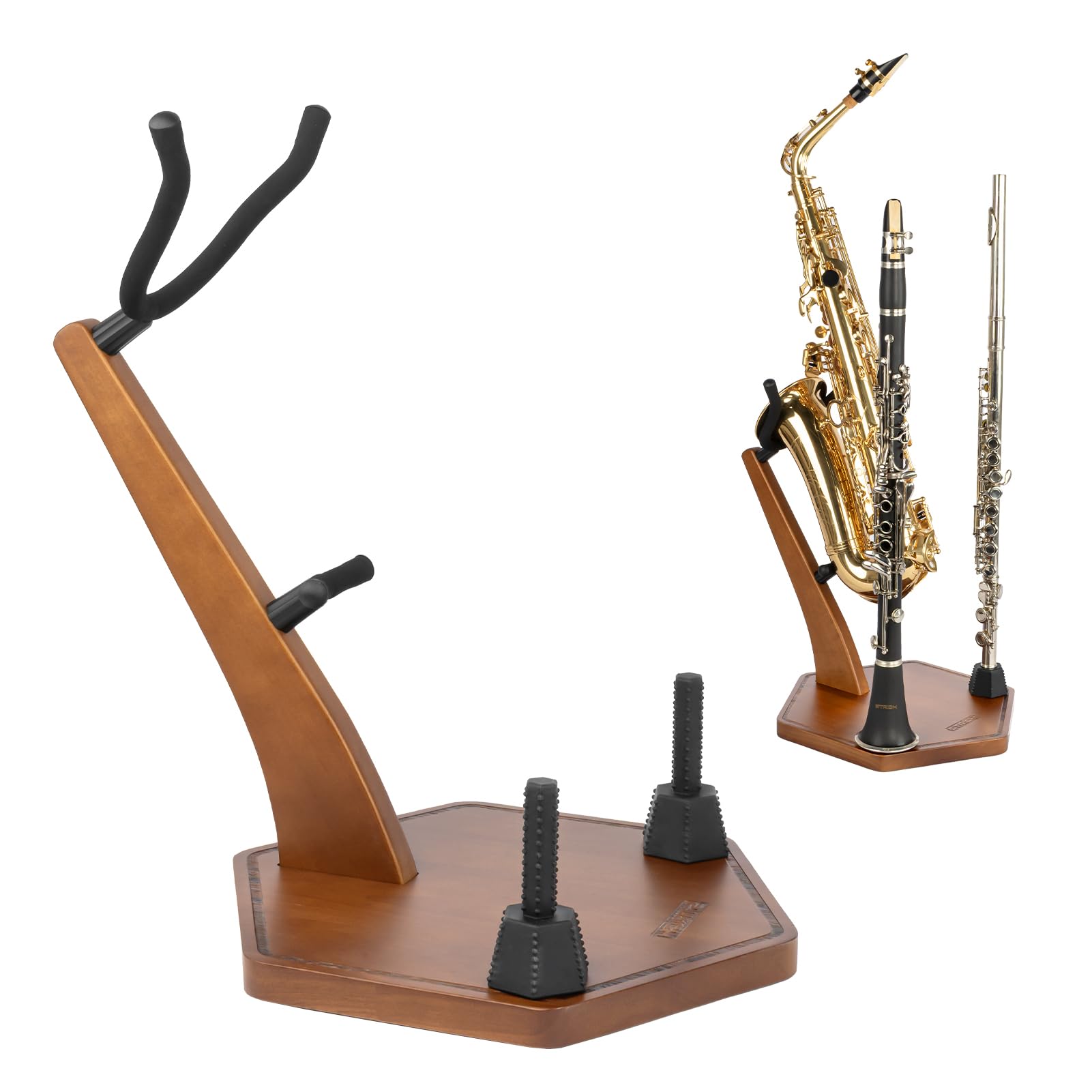 STRICH Supporto in legno per sassofono contralto e tenore realizzato a mano in legno massello color noce, base pesante con 2 supporti per flauto clarinetto
