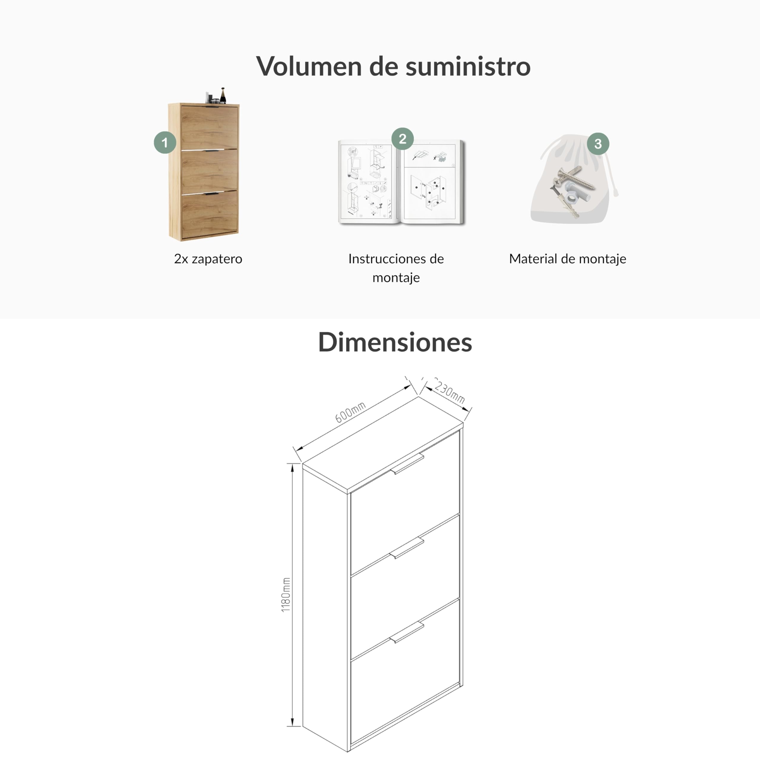 Planetmöbel 2 x Zapatero Estrecho con 3 Puertas, Organizador Zapatos con 6 estantes, Armario Zapatero para recibidor, Pasillo, guardarropa 60 x 23 x 118 cm, Roble Dorado