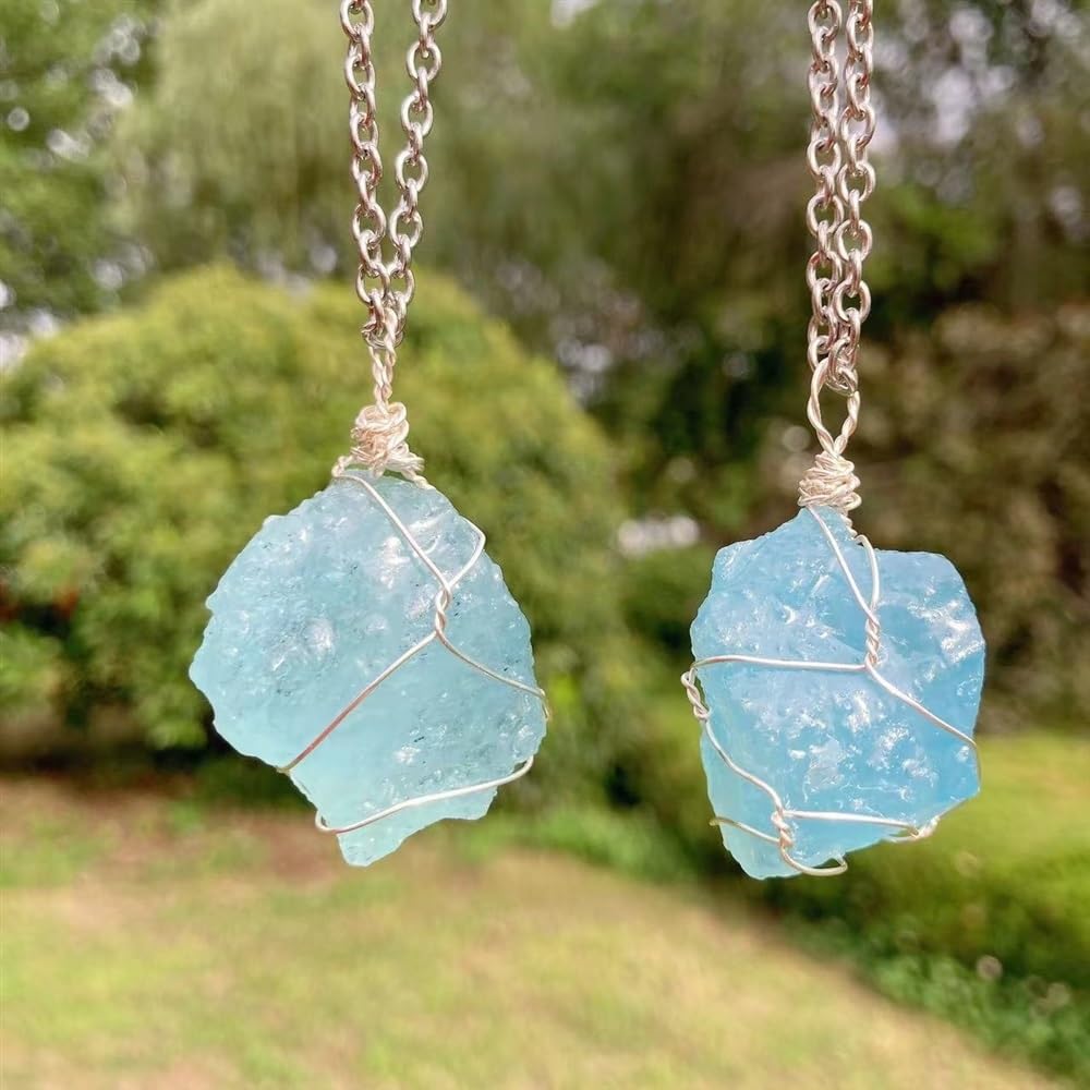 Collana di Acquamarina Grezza, Collana di Pietre Curative di Cristallo di Pietre Preziose, Collana di Pietra Portafortuna, Avvolgimento di Filo