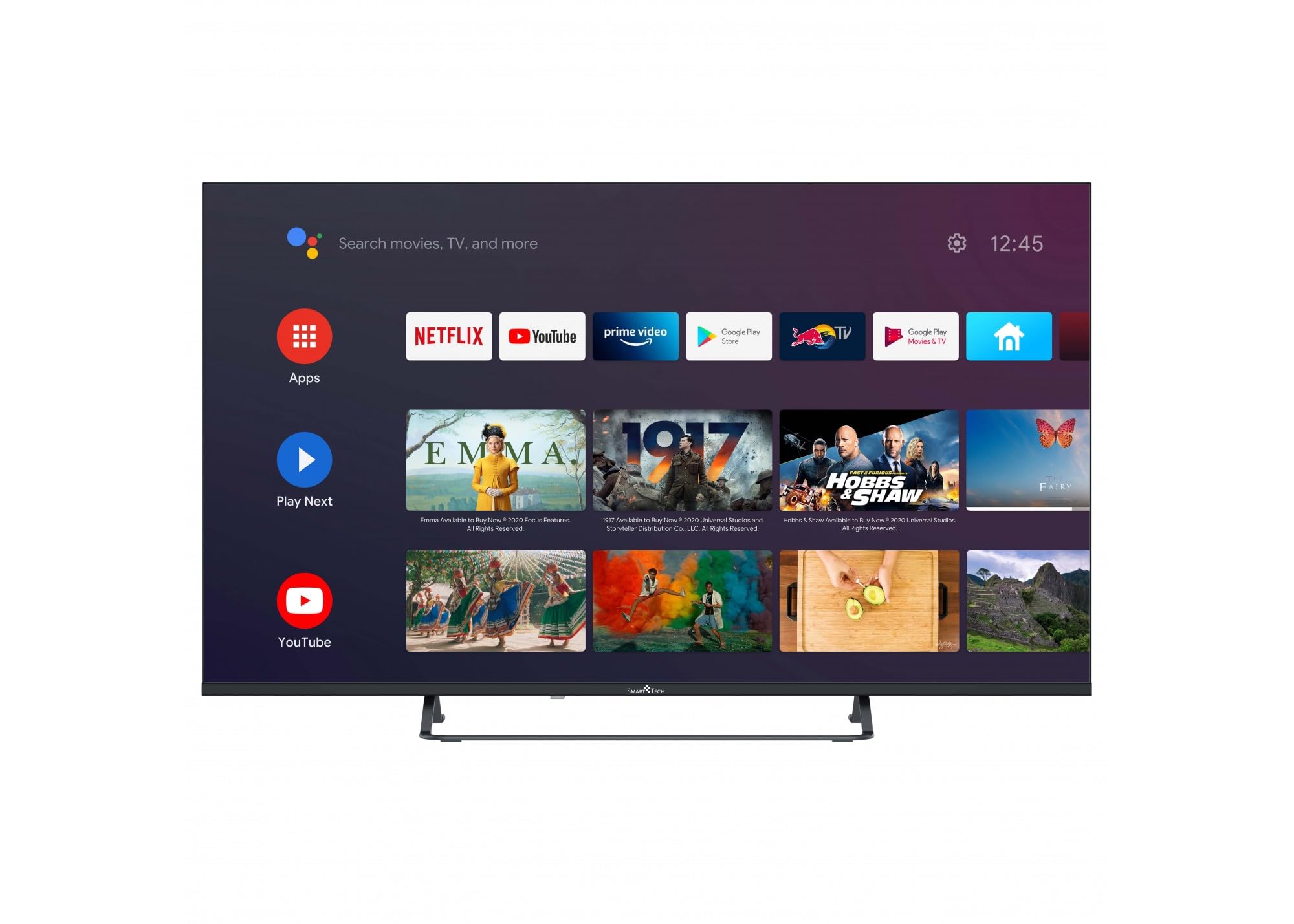 Smart Tech 50UA10V3 TV displaying the Android TV home screen