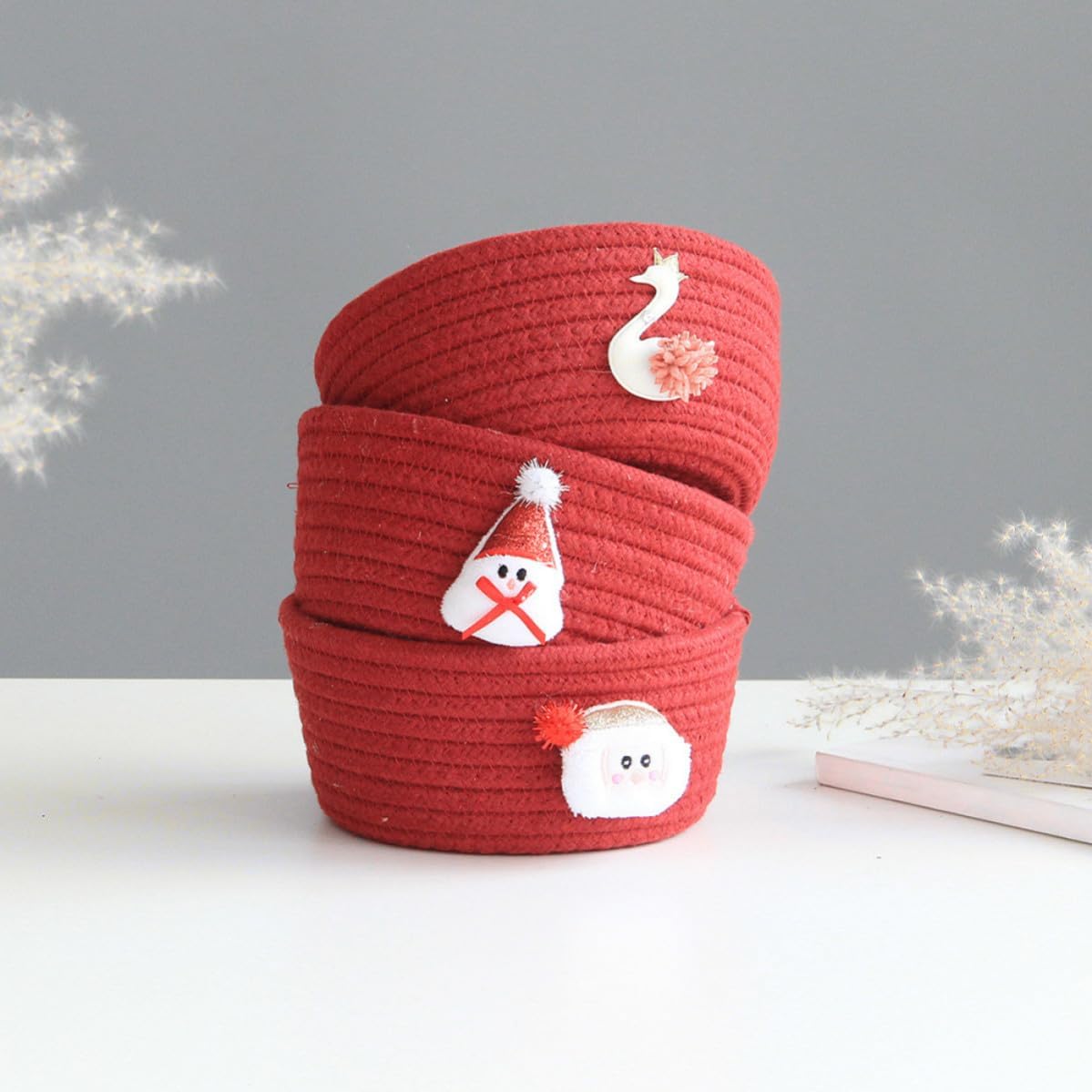 CHILDWEET Red Woven Storage Basket Christmas Decorative Cotton Thread Small Basket with Snowflake Style Innovative Weaving Craftsmanship for Holiday Cookie or Holding Remotes