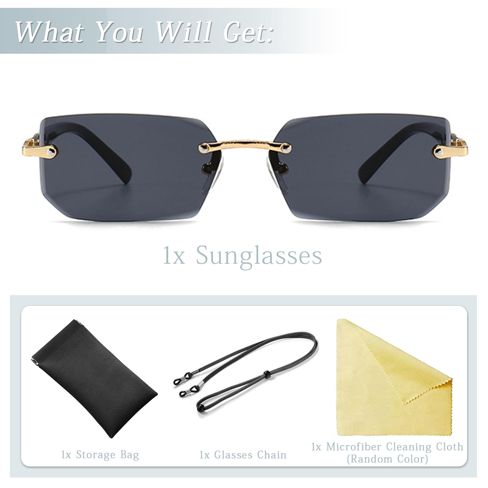 Gafas de Sol Sin Montura Rectangulares, Retro Vintage Lentes Cuadrados, Protección UV, Cuadradas de Moda para Mujer Hombre, Gafa Lente Tintadas