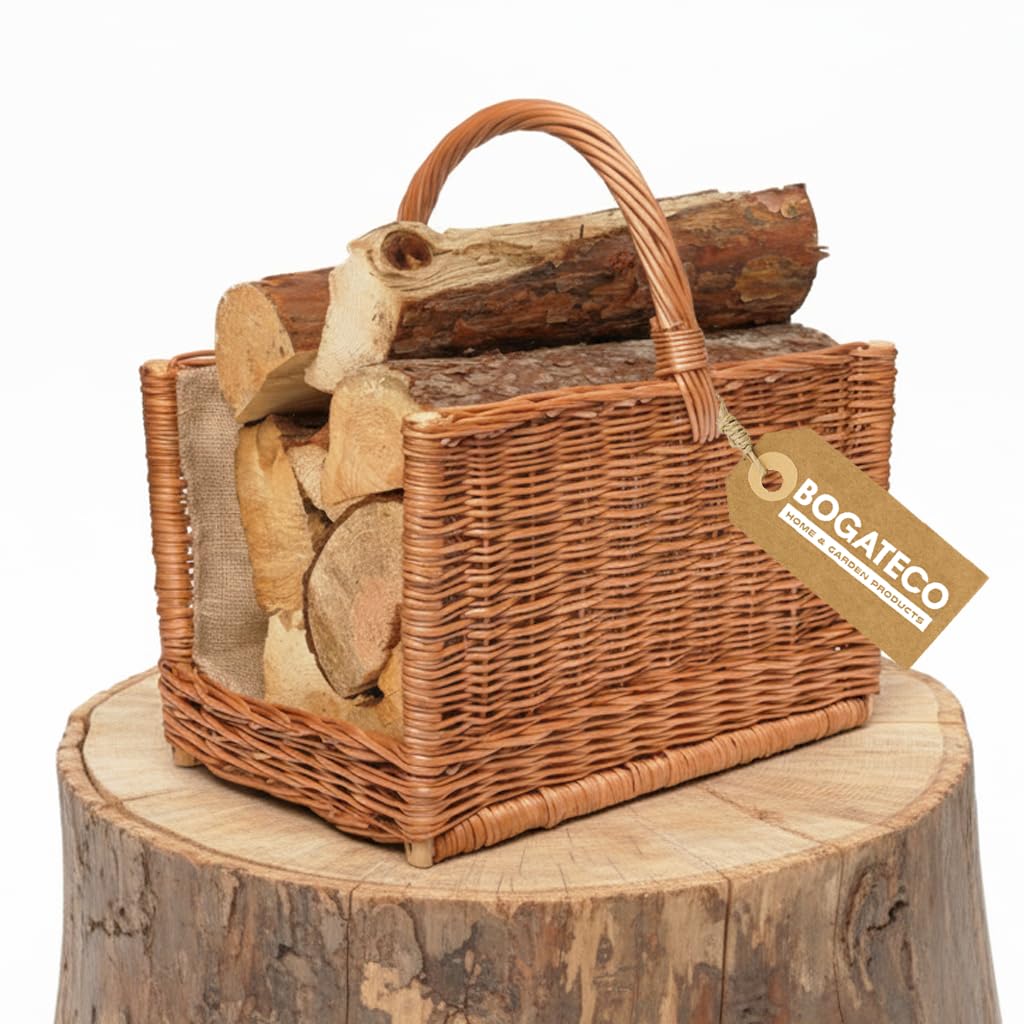 BOGATECO Panier en osier avec poignée carrée | Grand panier à bois 51X35X33 | Tissé à la main | Panier en bois doublé de jute | Panier à bois de chauffage