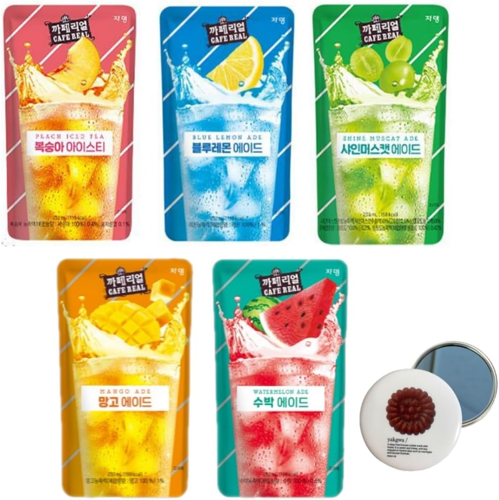 Korean Covenienve Store Drink Pouch Sampler Set - 5 PACK 10 PACK (grape, strawberry, blue lemonade, peach ice tea, shine muscat) + dalgaru yakgwa mirror (NEW ADE 5 PACK)