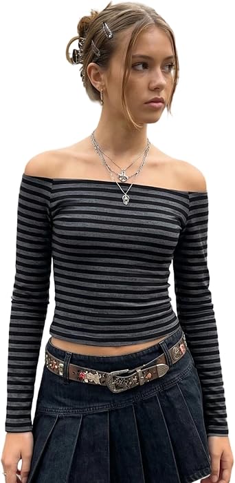 FeMereina Womens Long Sleeve Grunge Aesthetic Shirts Striped Off Shoulder Tops Teen Girls Alt Emo Goth Streetwear Y2k Clothes