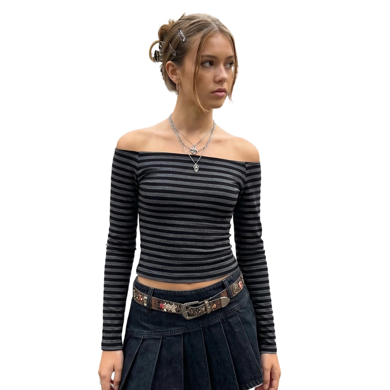FeMereina Womens Long Sleeve Grunge Aesthetic Shirts Striped Off Shoulder Tops Teen Girls Alt Emo Goth Streetwear Y2k Clothes (Black, S)