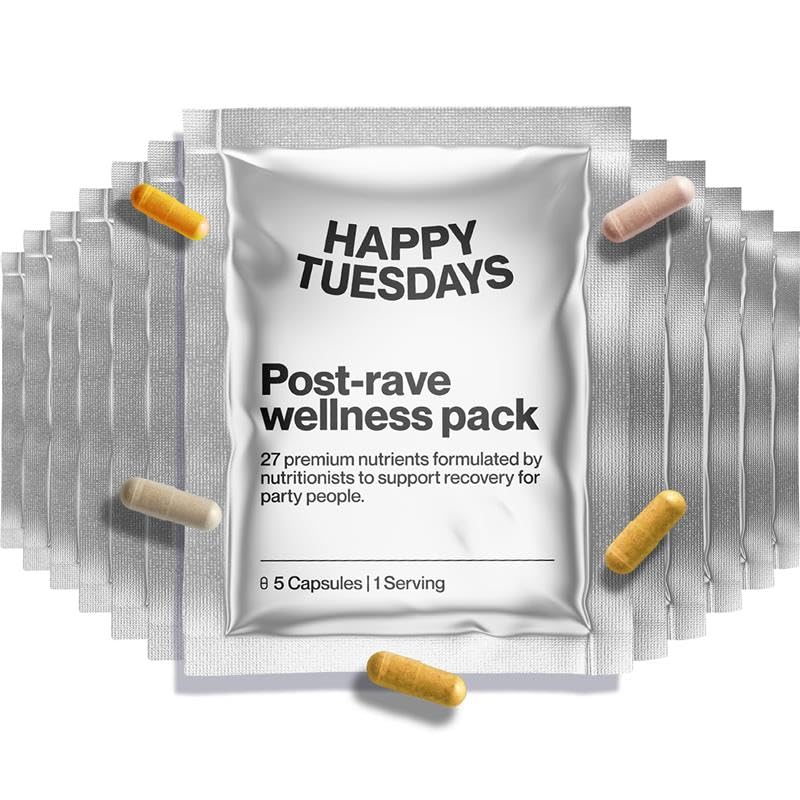 Happy Tuesdays Post-Rave Wellness Packs | After Party Recovery Capsules | Supports Mood, Sleep, Energy, Focus, Tired Muscles | 5-HTP, NAC, ALA, ...
