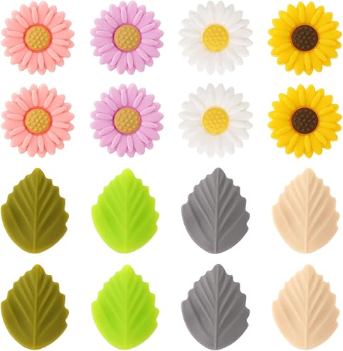 Miniatura 1 de ZEYIYER 16 tapones de aguja de tejer, protectores de punta de aguja de tejer de silicona, lindas tapas de aguja de punto de margarita y hojas,