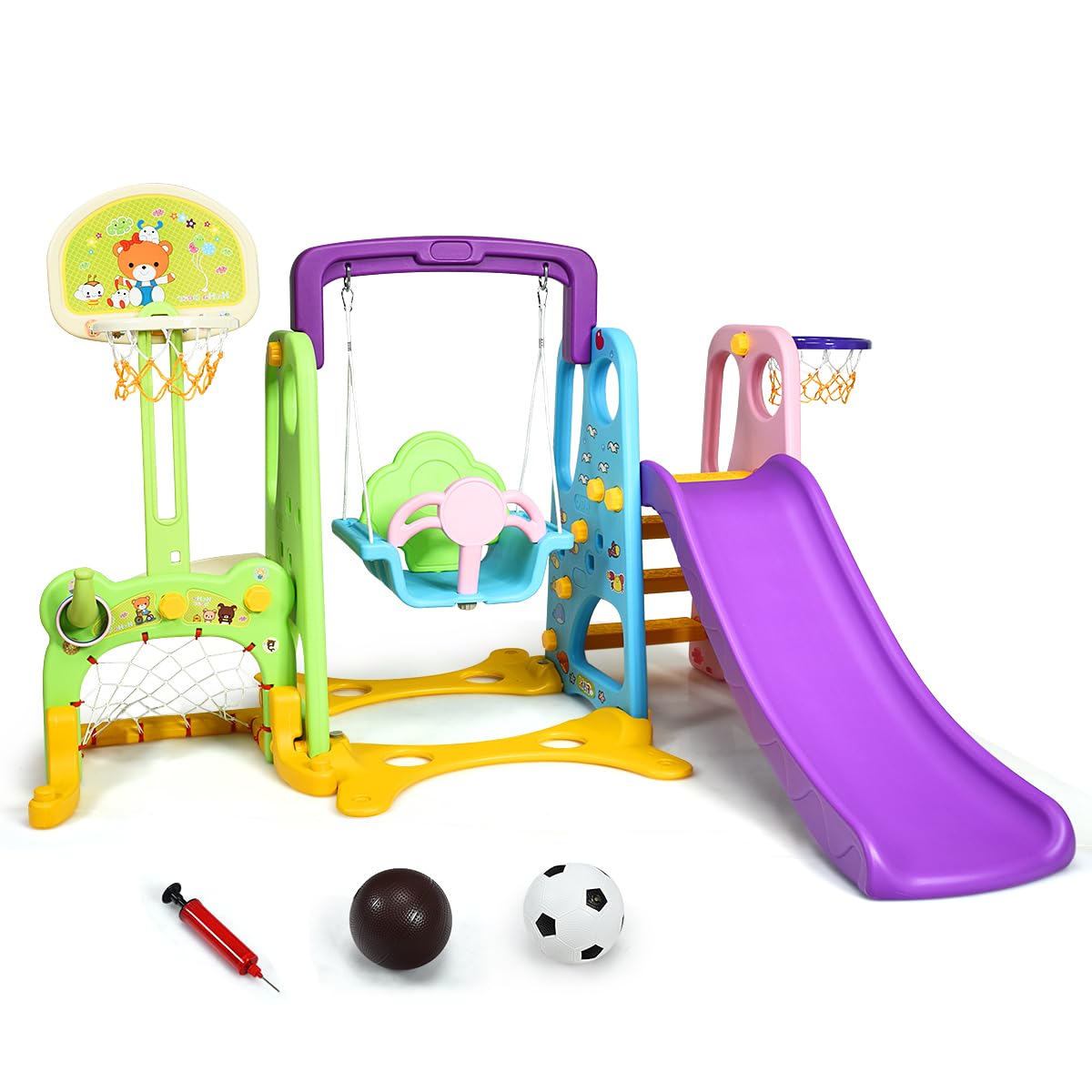 HOMASIS Tobogán Infantil 6 en 1 con Columpio y Canasta Baloncesto, Tobogán Infantil de Lanzamiento y Tablero de Escritura, Torre de Juegos para Interior y Exterior, para niños, 209x174x115cm