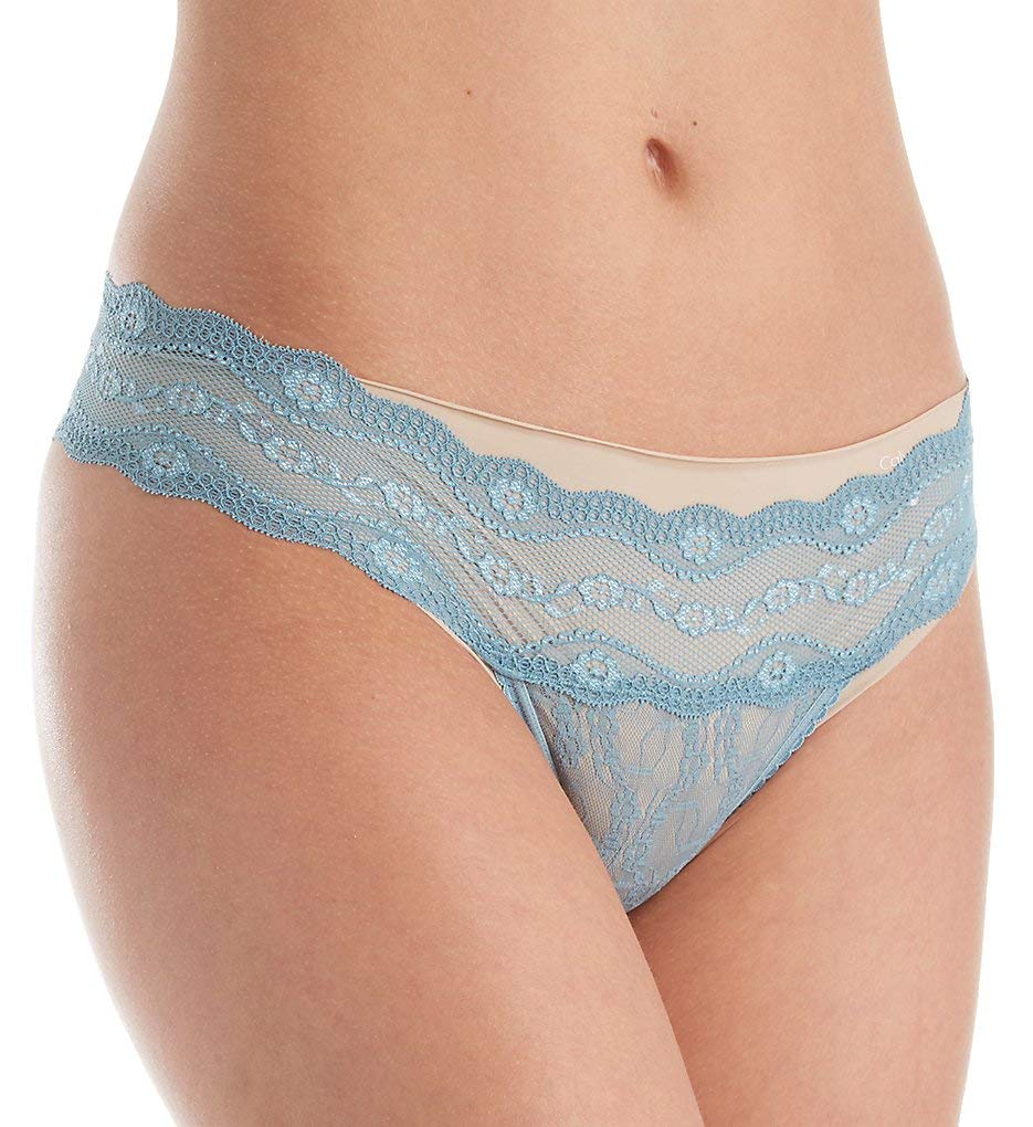 b.tempt'd Women's Lace Kiss Thong Panty, Smoke Blue, M