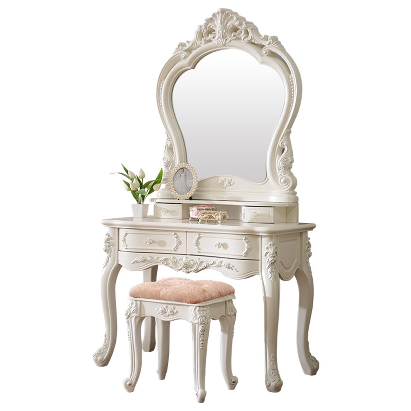 Juego de tocador y mesa de estilo europeo, taburete tapizado, mesa de maquillaje con 4 cajones, muebles de dormitorio para niñas, regalo elegante para mujeres