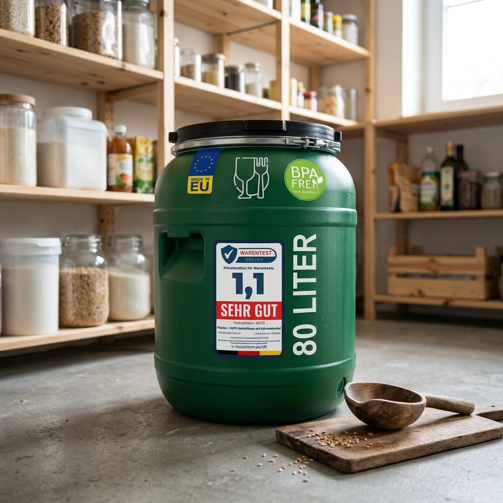 plasteo Fût à col large de 80 l avec couvercle de qualité alimentaire - Fût universel en polyéthylène haute densité avec bouchon à vis - Pour nourriture, stockage et transport - Vert - Rond