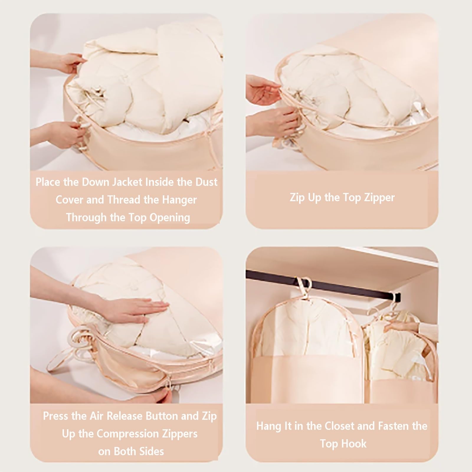 Funda Ropa Compresión para Plumíferos, Porta Trajes Colgada con Ventana TPU | Fundas Abrigos para Colgar Satén Presionar para Comprimir, Sin Bomba de Vacío(58*130cm/23*51in)