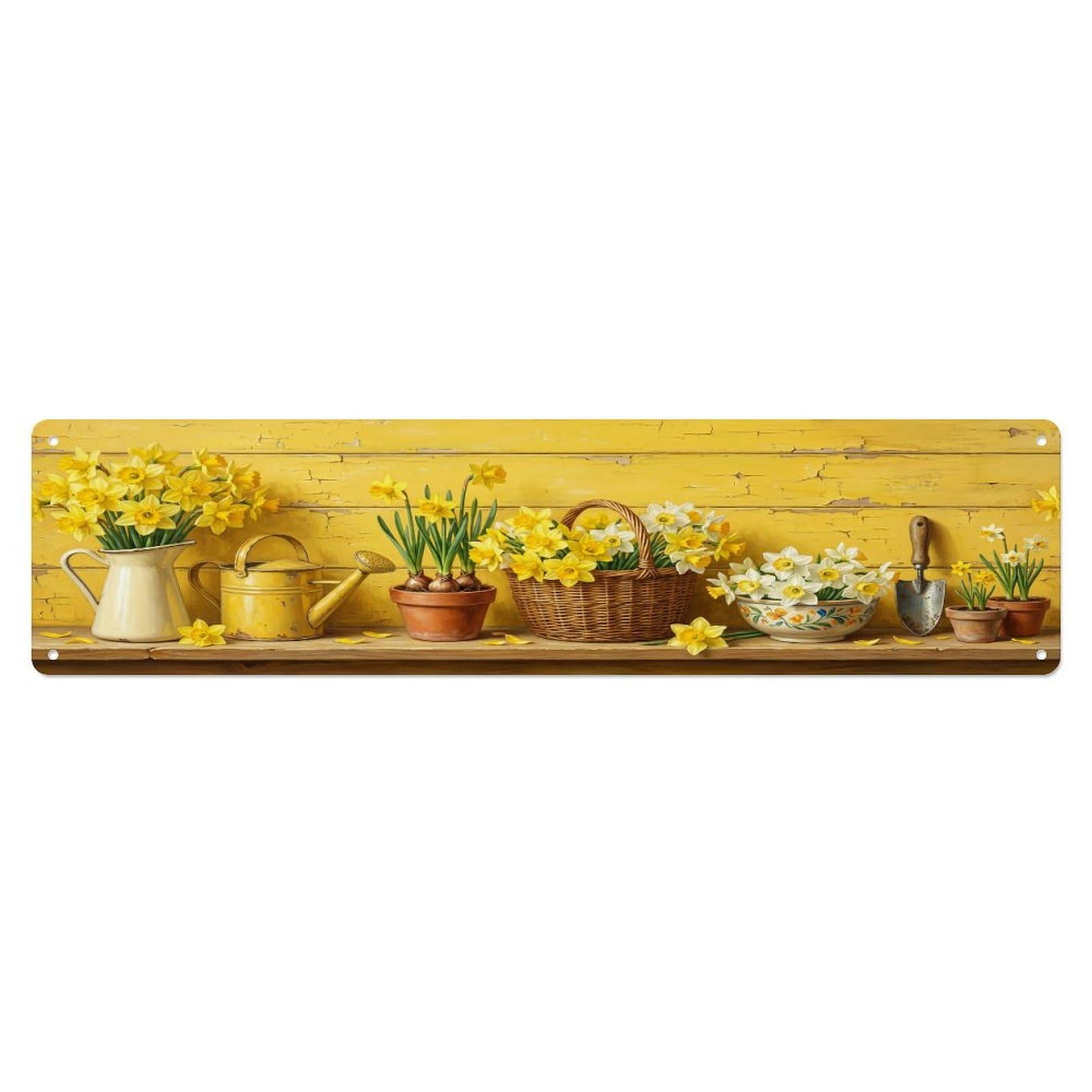 Floral Garden Tools Daffodil Pitcher Pattern Print Metal Tin Sign