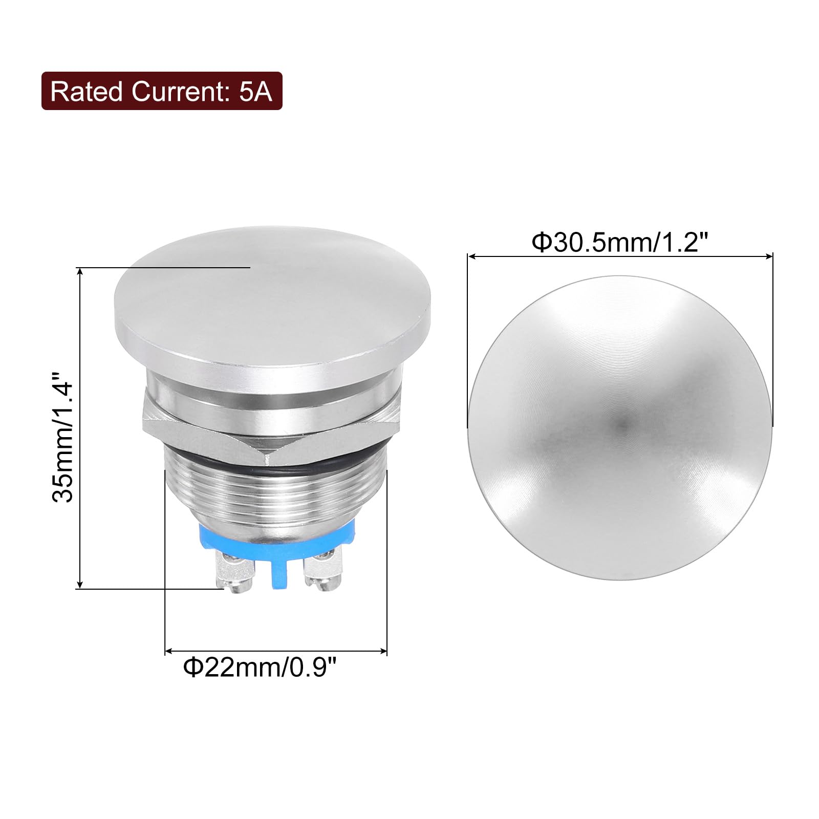 METALLIXITY 1PCS 5A 22MM 7/8" Momentary Mushroom Head Push Button Switch 12V 24V 120V 250V AC Silver 1NO Waterproof IP65 SPST Domed Round 2 Screw Foot Button - Image 2