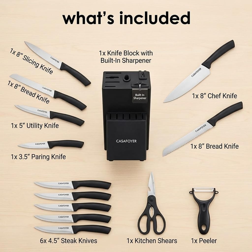15-Piece Kitchen Knife Set with Block & Built-In Sharpener | Professional Chef Knife Set | Stainless Steel Knives Set for Kitchen | Steak Knives | Durable Kitchen Tools & Essentials