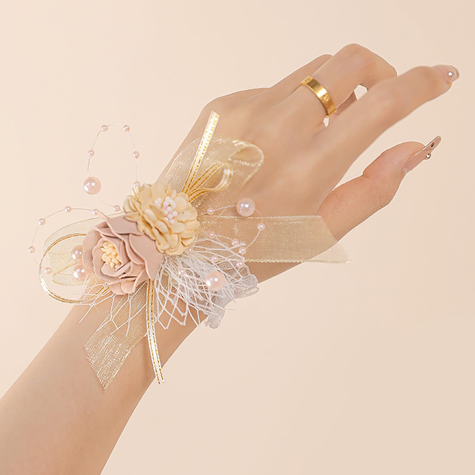 Iuoutg Girls Champagne A Wrist Corsages, Artificial Corsage Wristlet Bracelet,Wrist Bracelets For Mother Of Bride For Wedding Tea Party, Formal Dinner