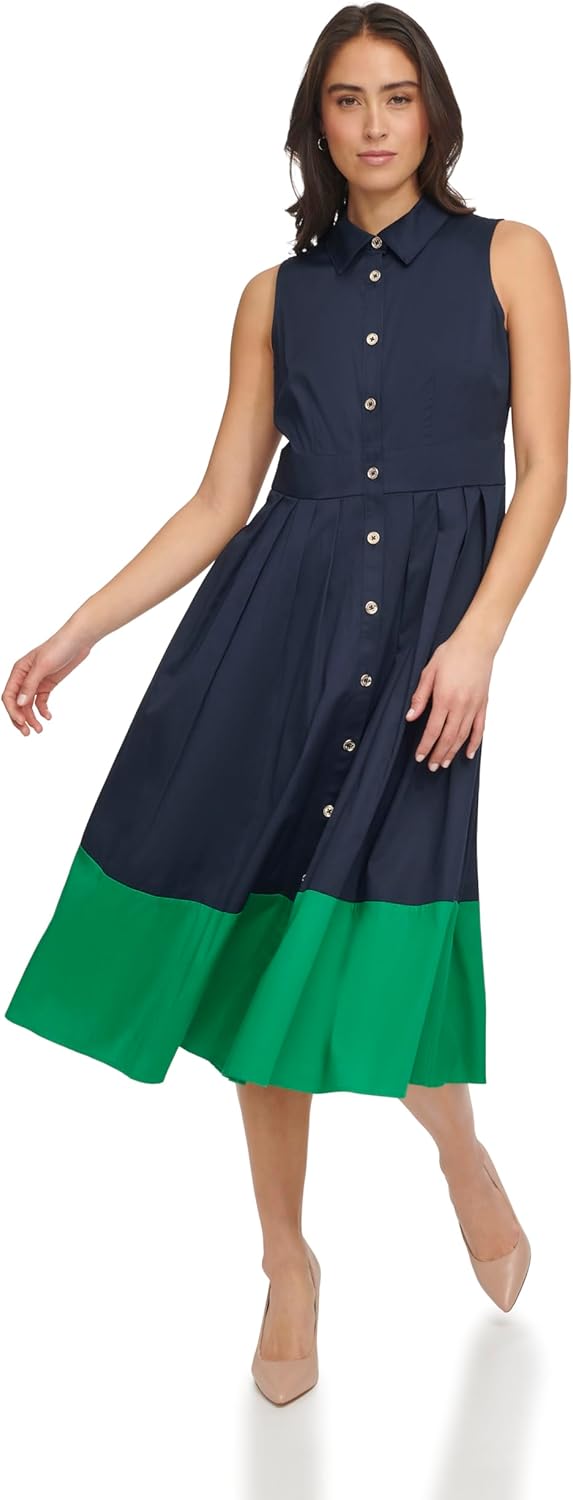 Tommy Hilfiger Women's Sleeveless Collared Front Button A-line Midi Dress