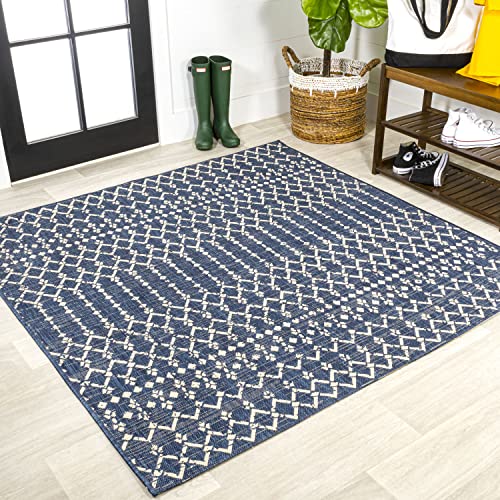 JONATHAN Y Moroccan Geometric Indoor Outdoor Square Area Rug 9X9 Navy/Beige, Ourika Textured Weave for Backyard, Patio, Porch, Easy-Cleaning, High Traffic, Pet-Friendly, Non-Shedding (SMB108K-9SQ)