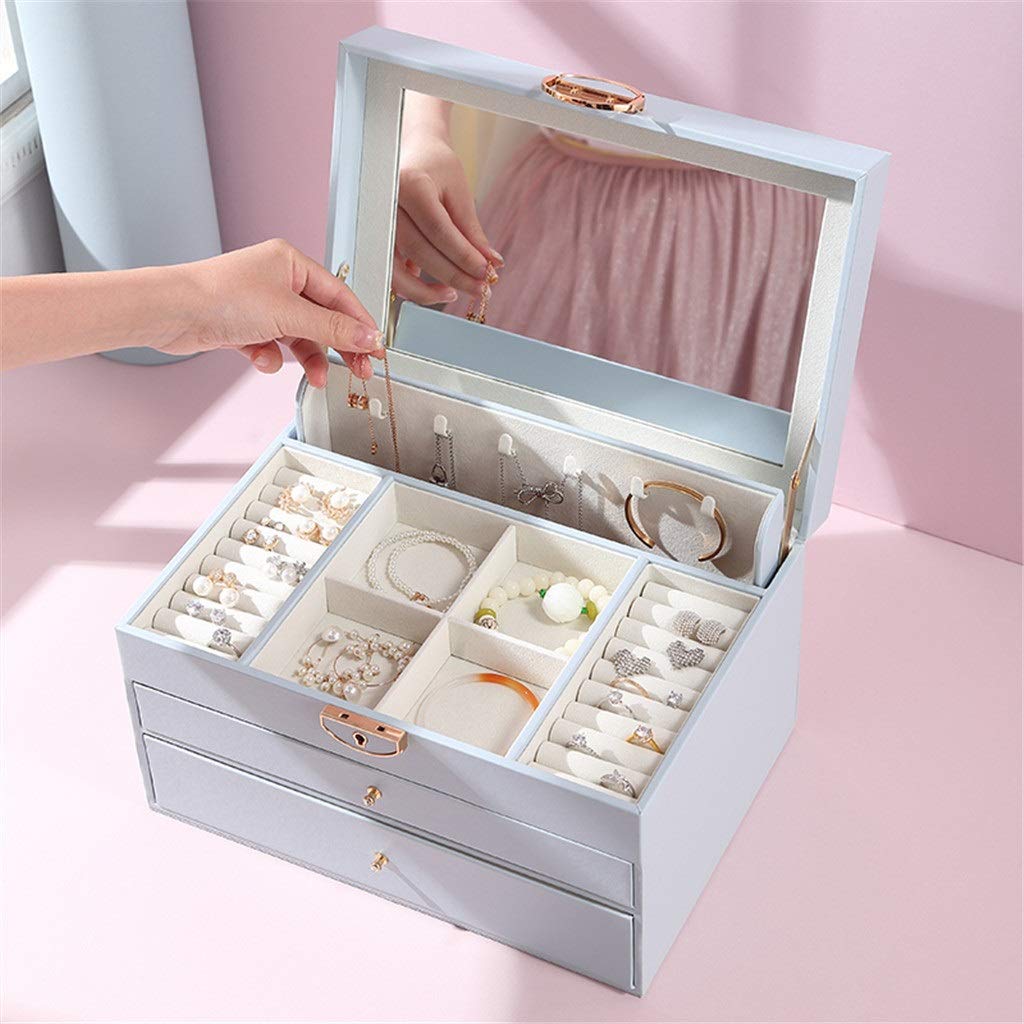 Große Pu-Leder-Box, Organizer, Schublade, Halskette, Ring, Ohrringe, Uhr, Aufbewahrungsbox mit Spiegel