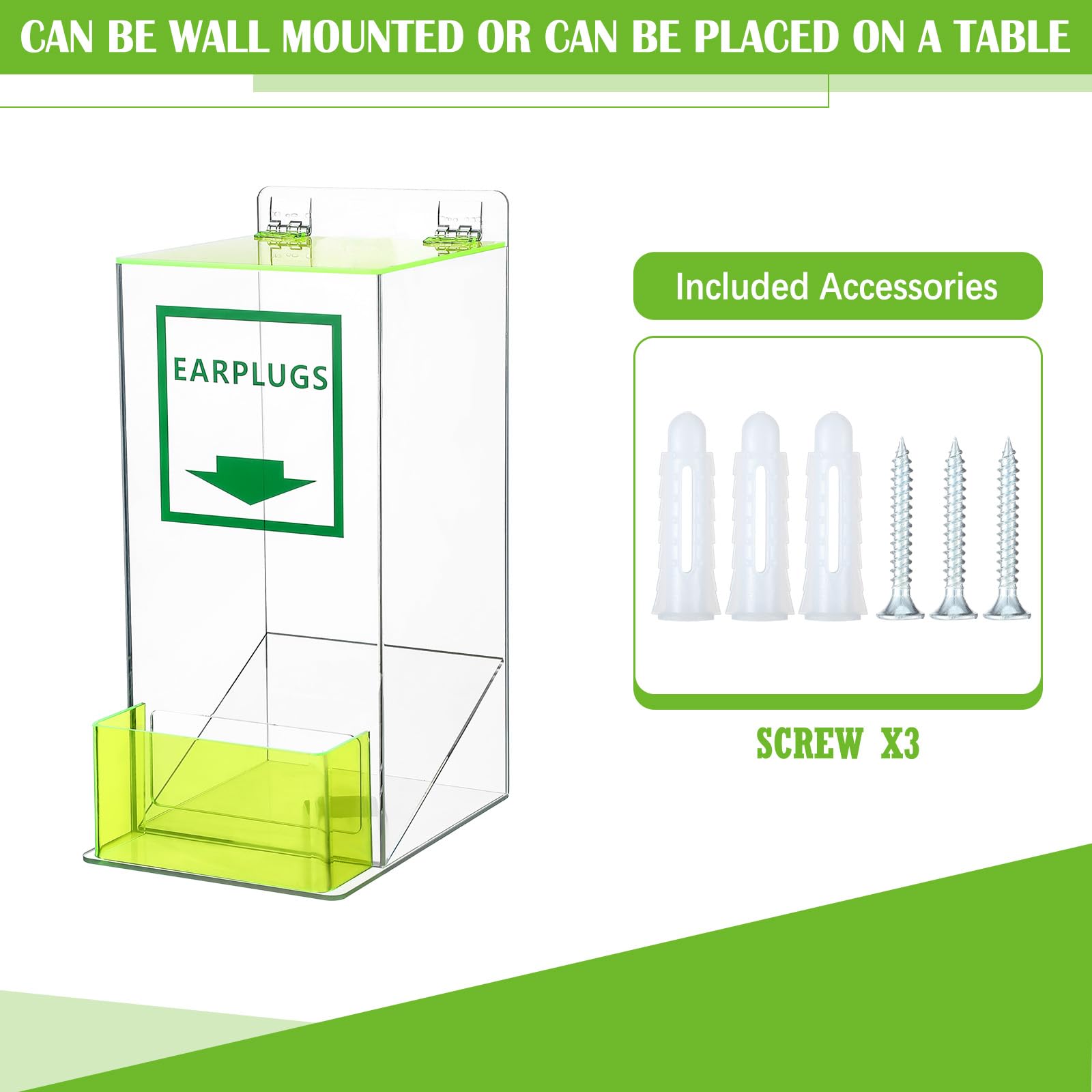 Vercraft Paquete de 2 dispensadores compactos de tapones para los oídos con cubierta y bolsillo frontal, soporte acrílico transparente para montaje en mesa, dispensador de tapones para los oídos,