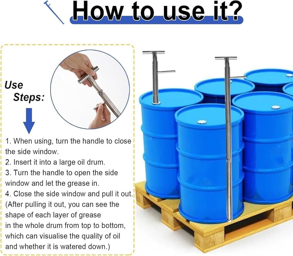 BIROS Soil Sampler Tool, Probe Pole Sample Tube for Thicker Liquid, Metal Gutter Oil Bucket Sampling Rod with Swivel Handle(118cm/46inch(with Scale))