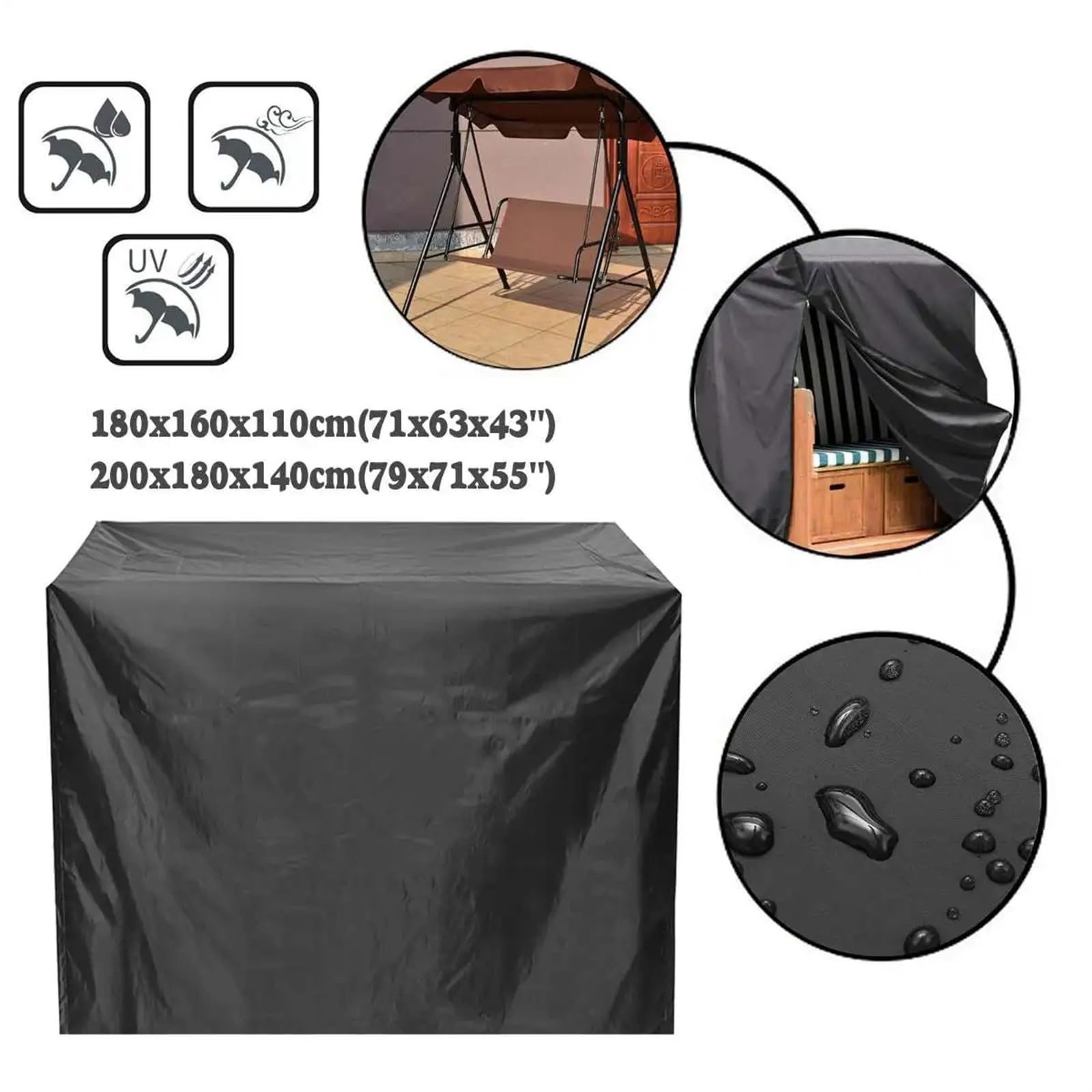 Copertura for Altalena da Giardino, Parasole, Impermeabile e Antipolvere, in Tessuto Oxford, Nero, 2 Misure per Giardino(Black 200x180x140cm)