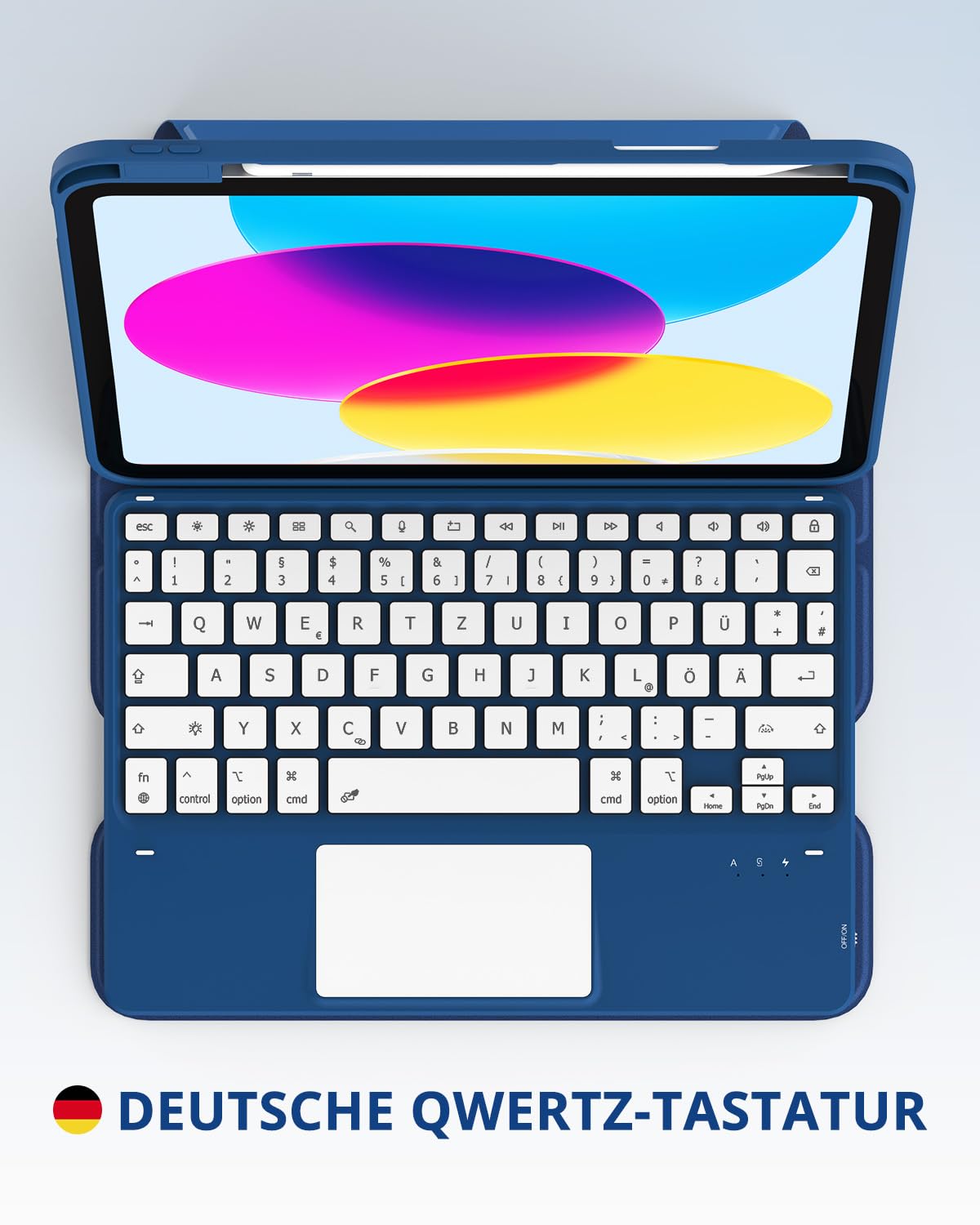 CACOE Drehbare Hülle mit Tastatur für iPad (A16) 11/10 Generation (11/10.9 Zoll) 2025/2022 mit Touchpad, 7-Farbige Beleuchtung Abnehmbare Kabellose Tastatur 360° Drehung mit Standfunktion,Ozeanblau