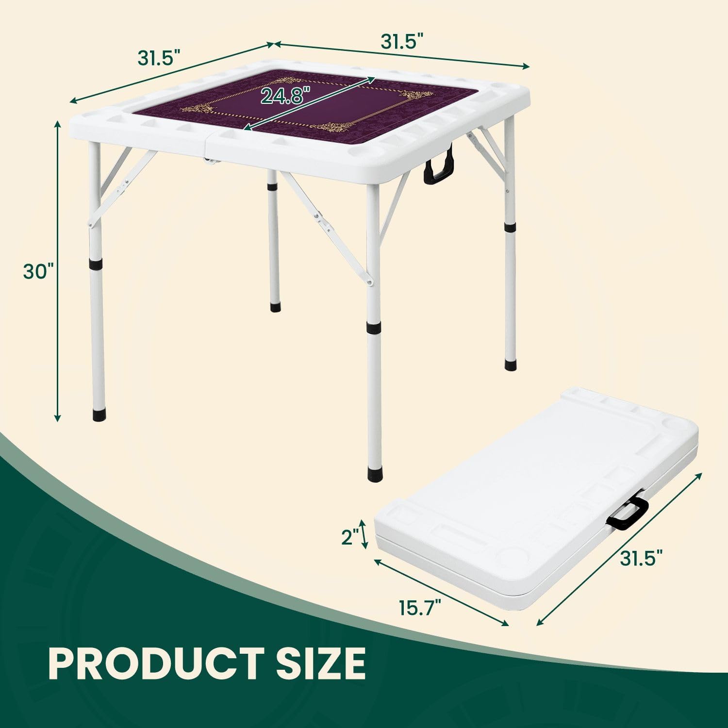 Folding Mahjong Table with Ornate Gold Frame Deep Purple Damask Vintage Floral Corners Wear-Resistant Mahjong Mat, 4 Cup Holders & Chip Trays for 4 Players Square Portable Card Table for Poker Domino