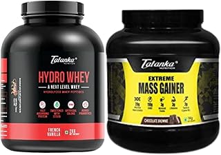 TATANKA NUTRITON 25G Hydrolyzed Whey Protein Isolates With Stevia & Probiotics 2Kg (French Vanilla) And Extreme Mass Gainer | 20G Protein Gaining Powder | 110G Carbs | Chocolate Brownie (3Kg)