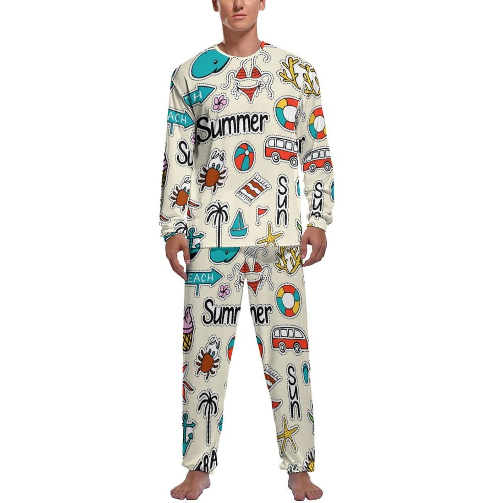 Sommer Herren Schlafanzug Lang Pyjama Set Nightwear Langarm Nachtwäsche Sleepwear