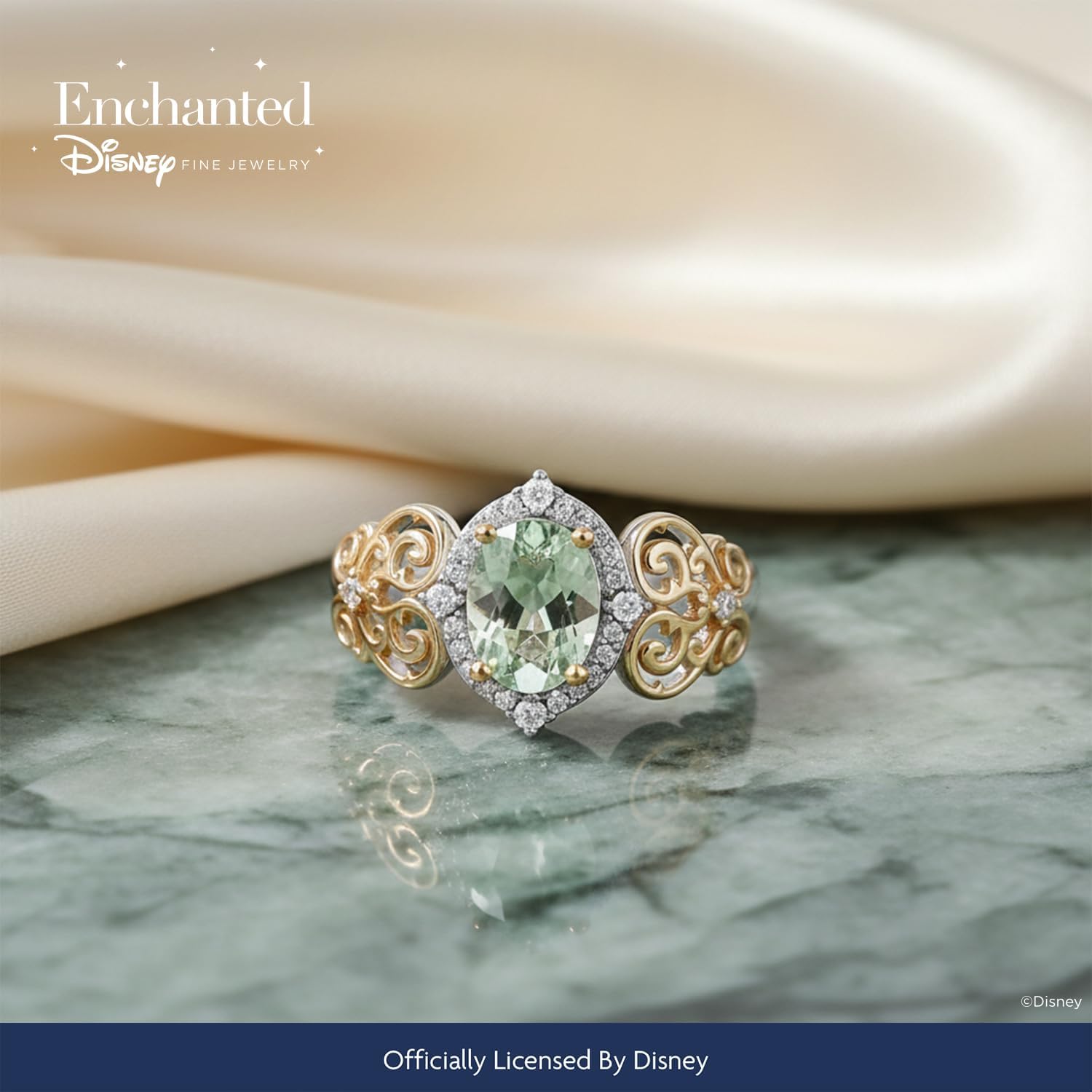 Jewelili Enchanted Disney Fine Jewelry 14K Yellow Gold over Sterling Silver with 1/8 CTTW Diamonds and Green Amethyst Tiana Ring