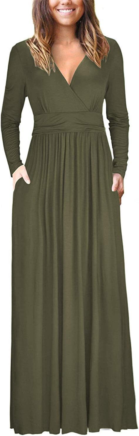 Women's Maxi Dress V-Neck Cocktail Party Long Dress with Pockets Army Green XXL