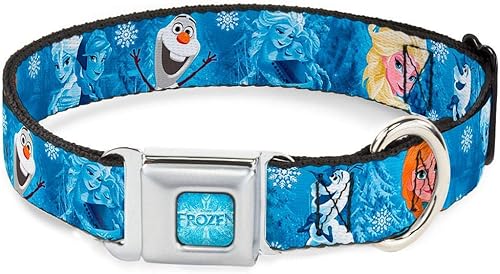 Buckle-Down Collar de perro con hebilla de cinturón de seguridad, diseño de personajes de Frozen Poses azules, 1 pulgada de ancho, se adapta a