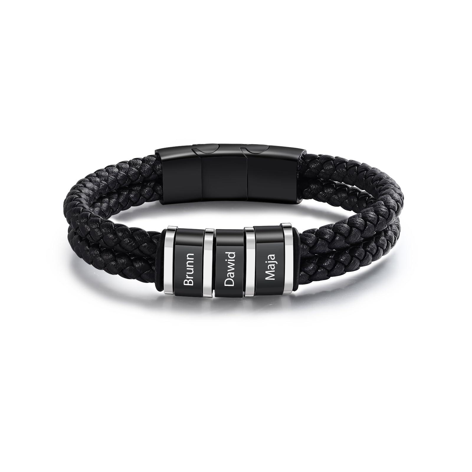 Custom Mens Bracelet, Men's Leather Bracelet with Name Beads, Personalized Father Dad Valentine's Day Gifts for Husband Her