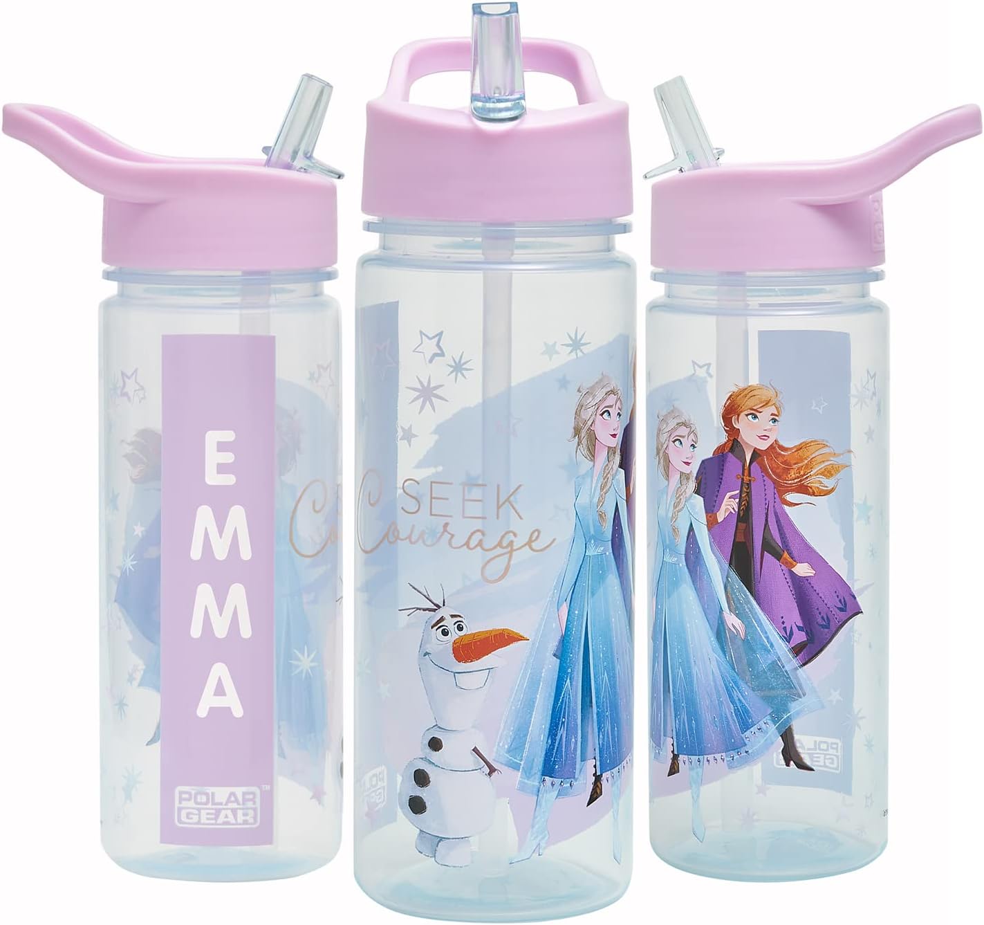 Frozen Magic Personalised Sticker Water Bottle with Straw 500ml – Official Merchandise by Polar Gear, Kids Reusable Non Spill BPA Free Tritan – Ideal For School Nursery Sports Picnic