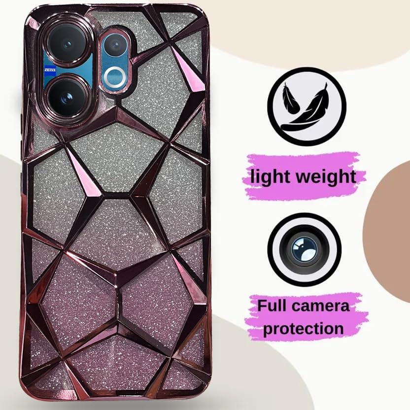 Image of VONZEE Gradient Glitter Case for VIVO V60, Luxury Electroplated 3D Cube, Diamond Bling Shiny Soft TPU Clear Shockproof Women Girls Protective Phone Cover (Rose Gold)