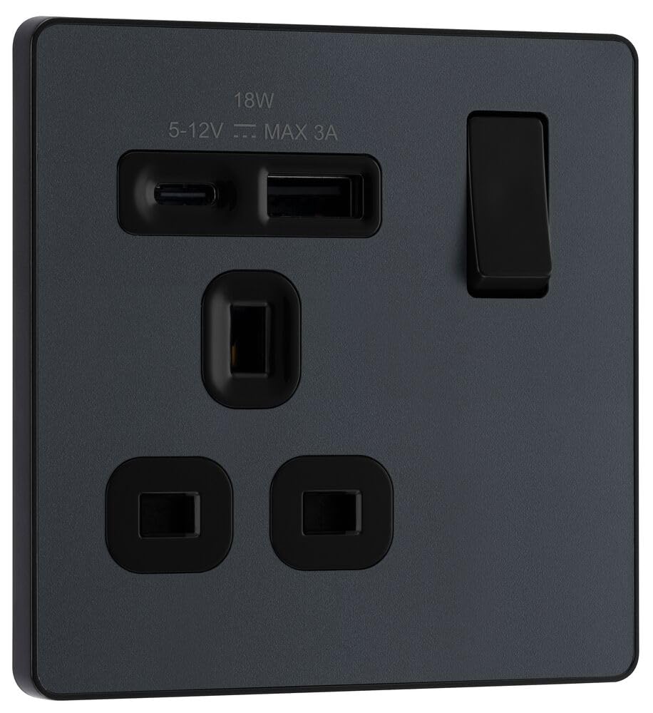 BG Electrical 18W Single Switched Power Plug Wall Socket with Type A USB and Type C USB Charging Ports, Fast Charge, Screwless Front Plate, Evolve, Matt Grey, 13A, PCDMG21UAC18B
