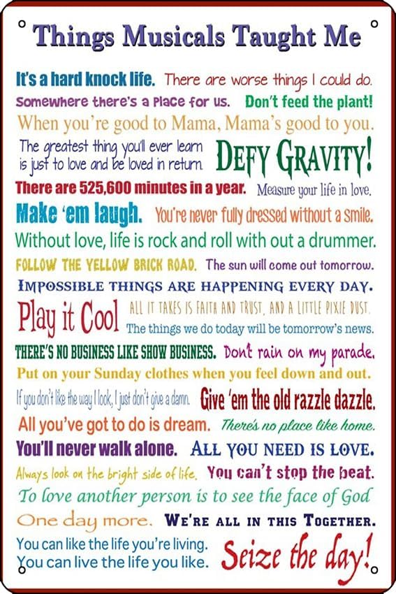 THING MUSICALS TAUGHT ME Póster de metal de 12 x 8 pulgadas, divertido hombre, cueva, hogar, oficina, bar, decoración