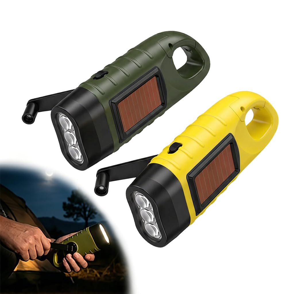 2 Pack Wind Up Torch Solar Hand Crank Torch LED Emergency Flashlight with Carabiner Clip Super Bright for Camping Hiking Essentials Power Outages Portable Outdoor Light Survival Kits