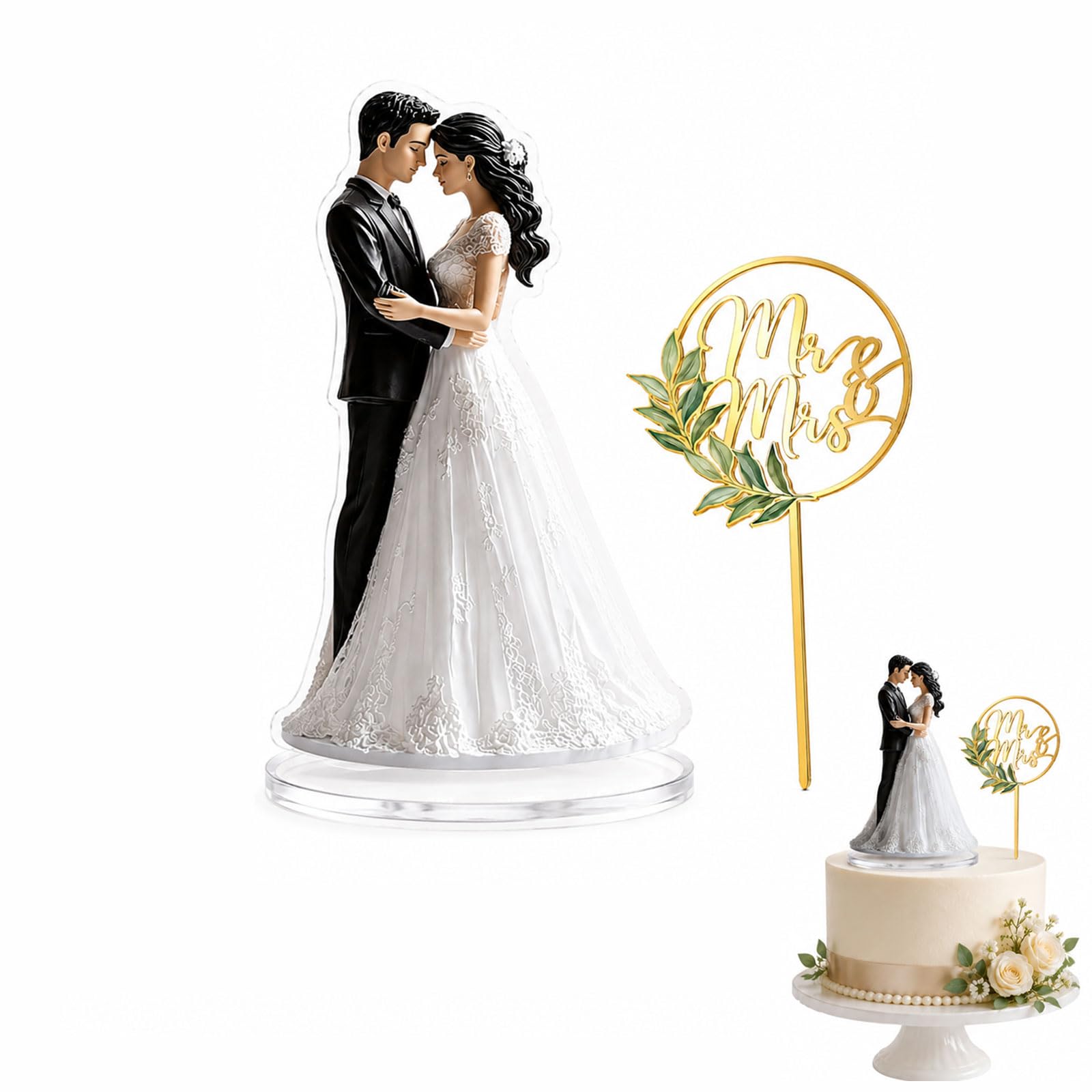 2Pcs Wedding Cake Topper with Bride Groom and Mr Mrs