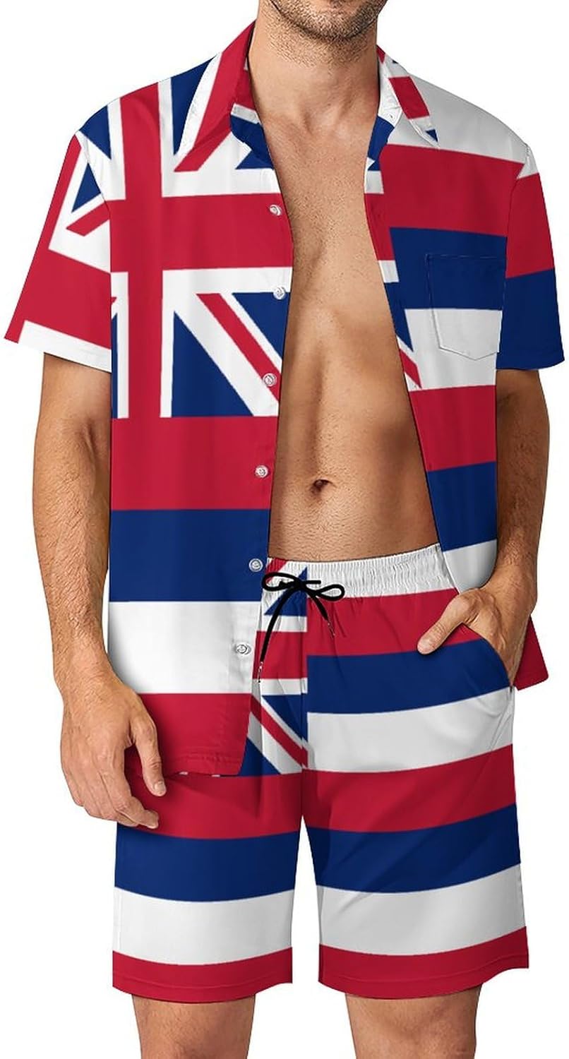 Zakqeik Hawaii Flag Men's Summer Beach 2-Piece Short Sleeve Shirts And Shorts Novelty Vacation Sets for Men