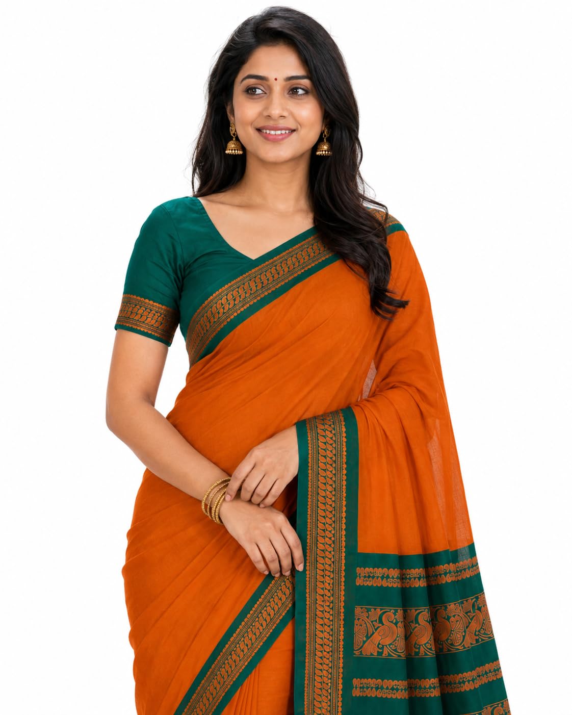 Rivantah Women's Saffron Orange Pure Cotton Saree-image-20