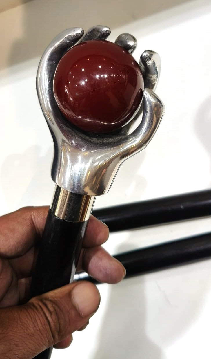 Wooden Walking Stick with Brass Handle and Red Orb: 3-Piece Collapsible Gothic Cane