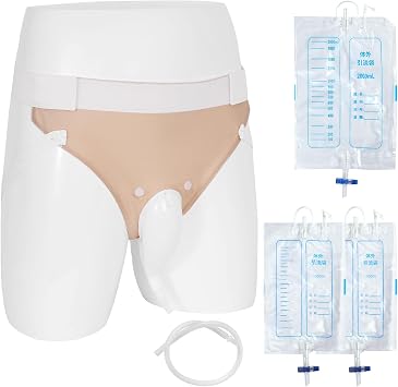 Urine Collection Bag Condom Catheters for Men Reusable Portable Wearable Urinary Drainage with 2000 ML*1+1000 ML*2 Urine Catheter Bag System Khaki-Elderly Men