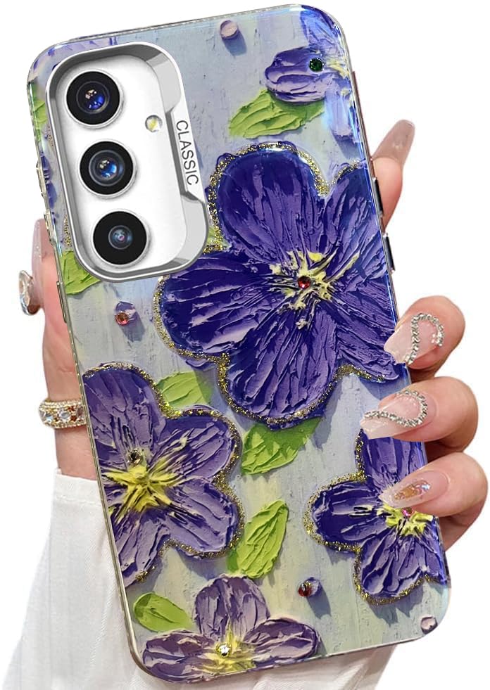 Elzzi Compatible with Samsung S23 FE 5G Case Laser Flower Oil Painting Cute Colorful Blue Ray Bumper with Full Camera Protection Shockproof PC+TPU Glossy Shiny Cover for Girls Women, Purple