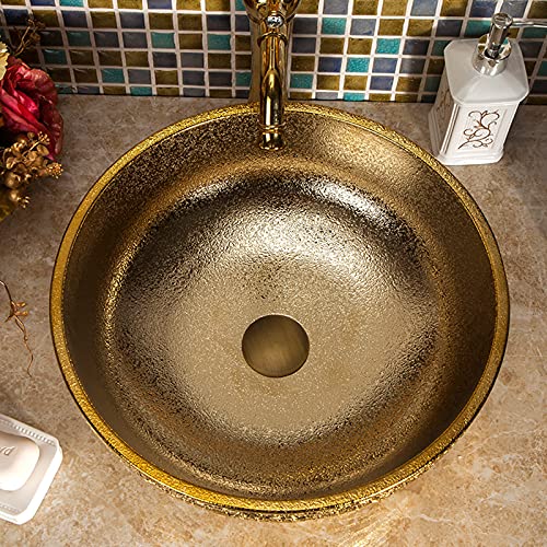 Gold Bathroom Vessel Sink Luxury Golden Round Bowl And Hand Carved Ceramic Countertop Wash Basin From Jingdezhen Porcelain #TOP3