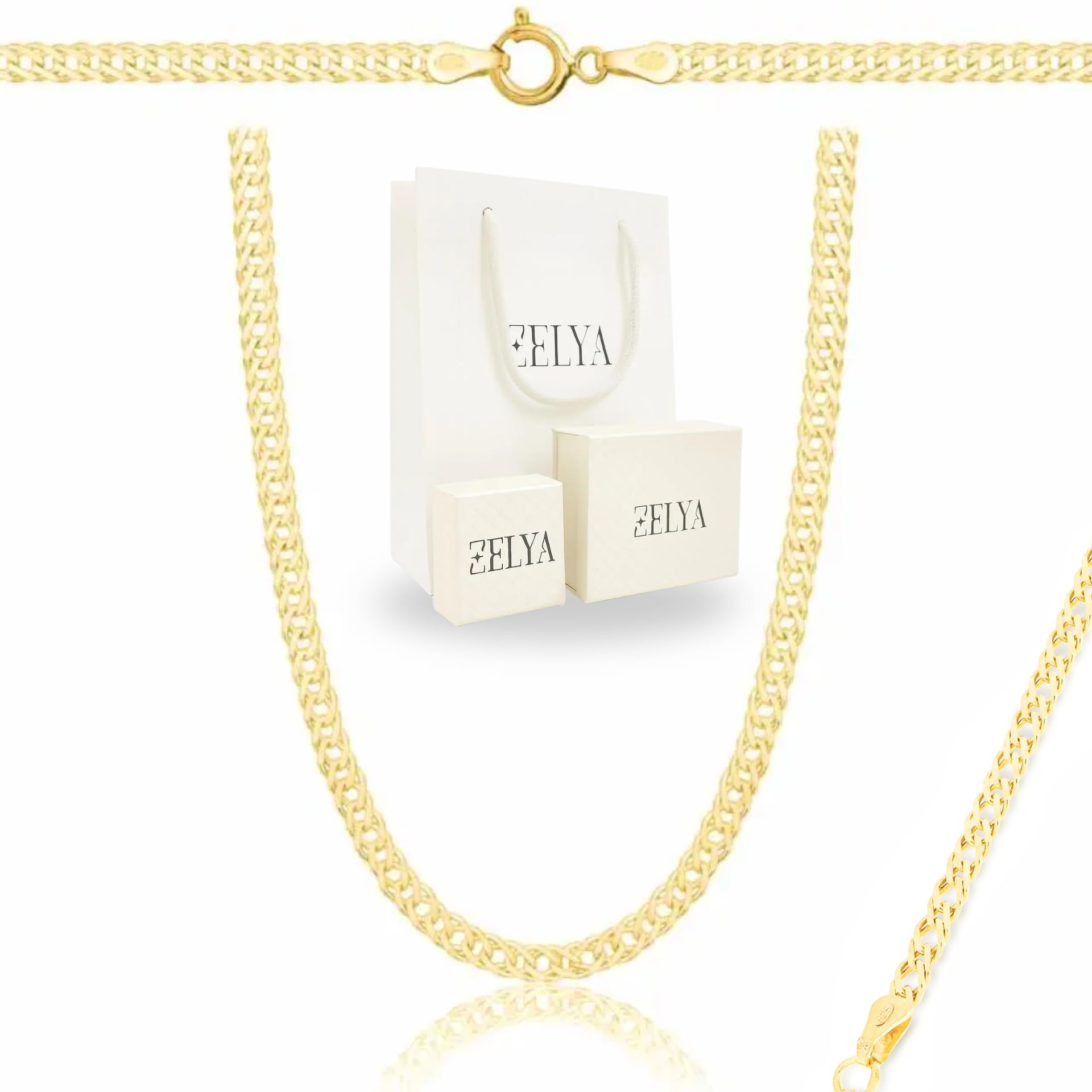 ZELYA gold kette 925/985 14K Silber Rombo Kette 3 mm vergoldete • Damen & Herren Halskette mit originellem Gliederdesign • Geschenkset mit Box & Beutel, personalisierbare Widmung